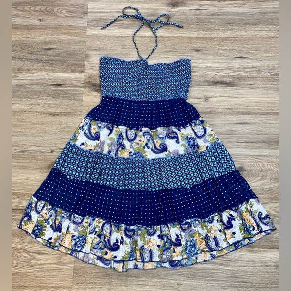 Just For Wraps Blue Boho Cotton Halter Smocked Fit & Flare Dress — Size Large - Picture 1 of 5